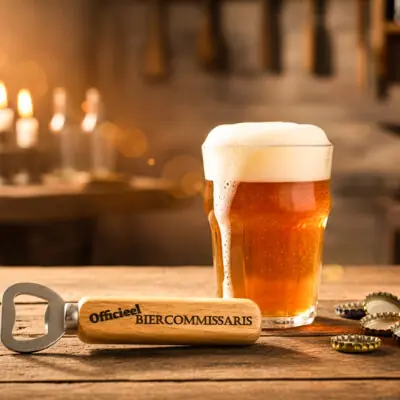 Houten flessenopener met gravure “Officieel biercommissaris”