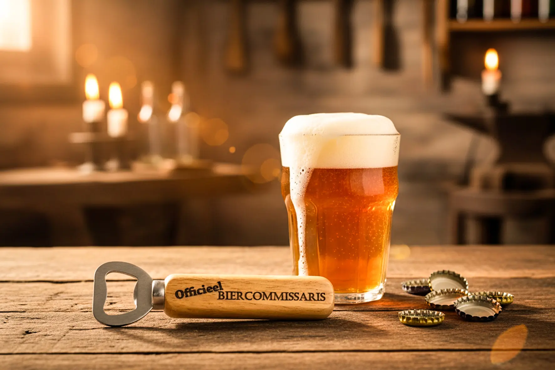 Houten flessenopener met gravure “Officieel biercommissaris”