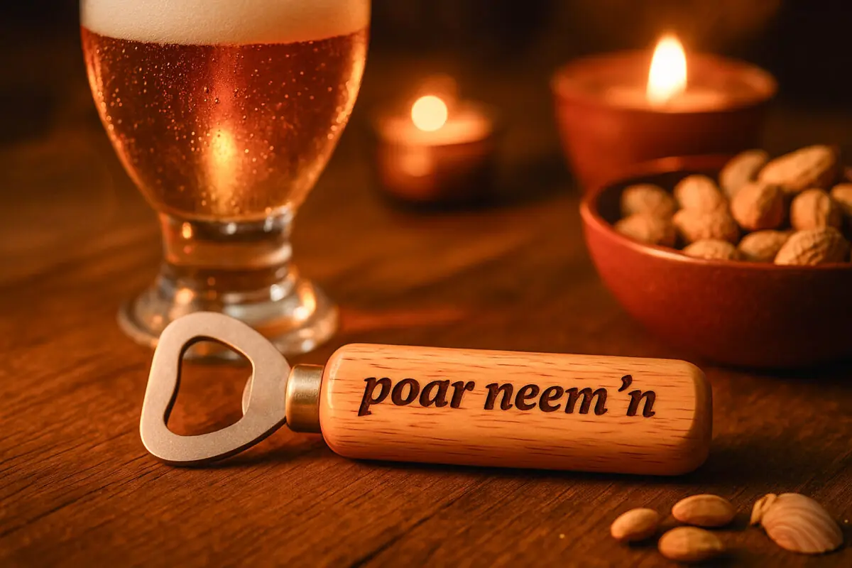 De Meesterbrander houten flesopener met gravure “Poar neem’n”, Twentse bieropener, cadeau voor borrel en feest.