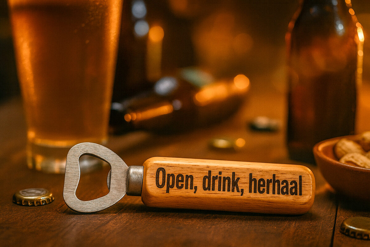 De Meesterbrander – Houten flessenopener – Biertje? (goede gesprekken) De Meesterbrander – Houten flessenopener met gravure “Biertje? Want goede gesprekken beginnen niet met een salade”