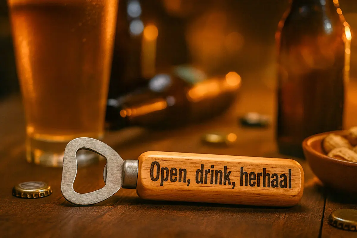De Meesterbrander – Houten flessenopener met gravure “Biertje? Want goede gesprekken beginnen niet met een salade”