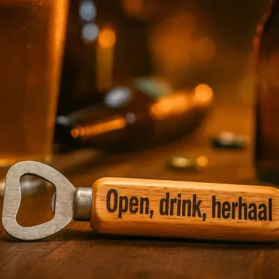 De Meesterbrander – Houten flessenopener met gravure “Biertje? Want goede gesprekken beginnen niet met een salade”