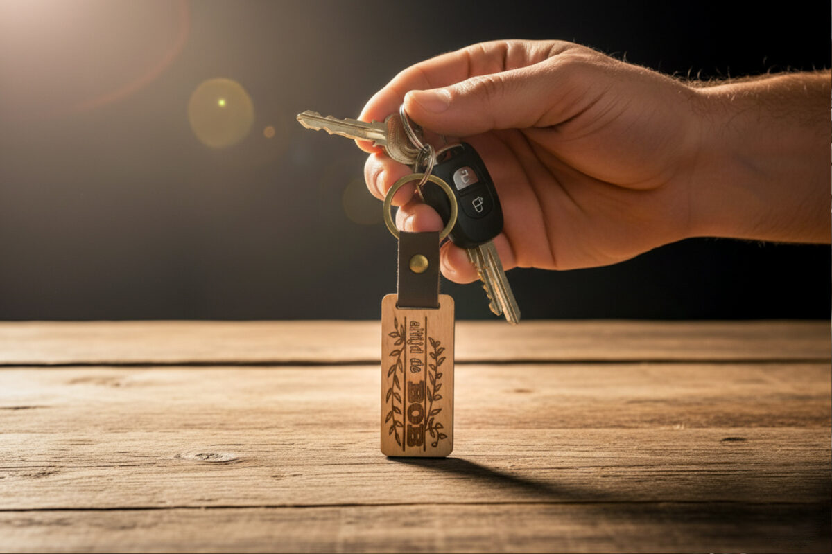 Houten sleutelhanger met gravure – De Meesterbrander Houten auto sleutelhanger met gegraveerde tekst en illustratie – ambachtelijk gemaakt door De Meesterbrander