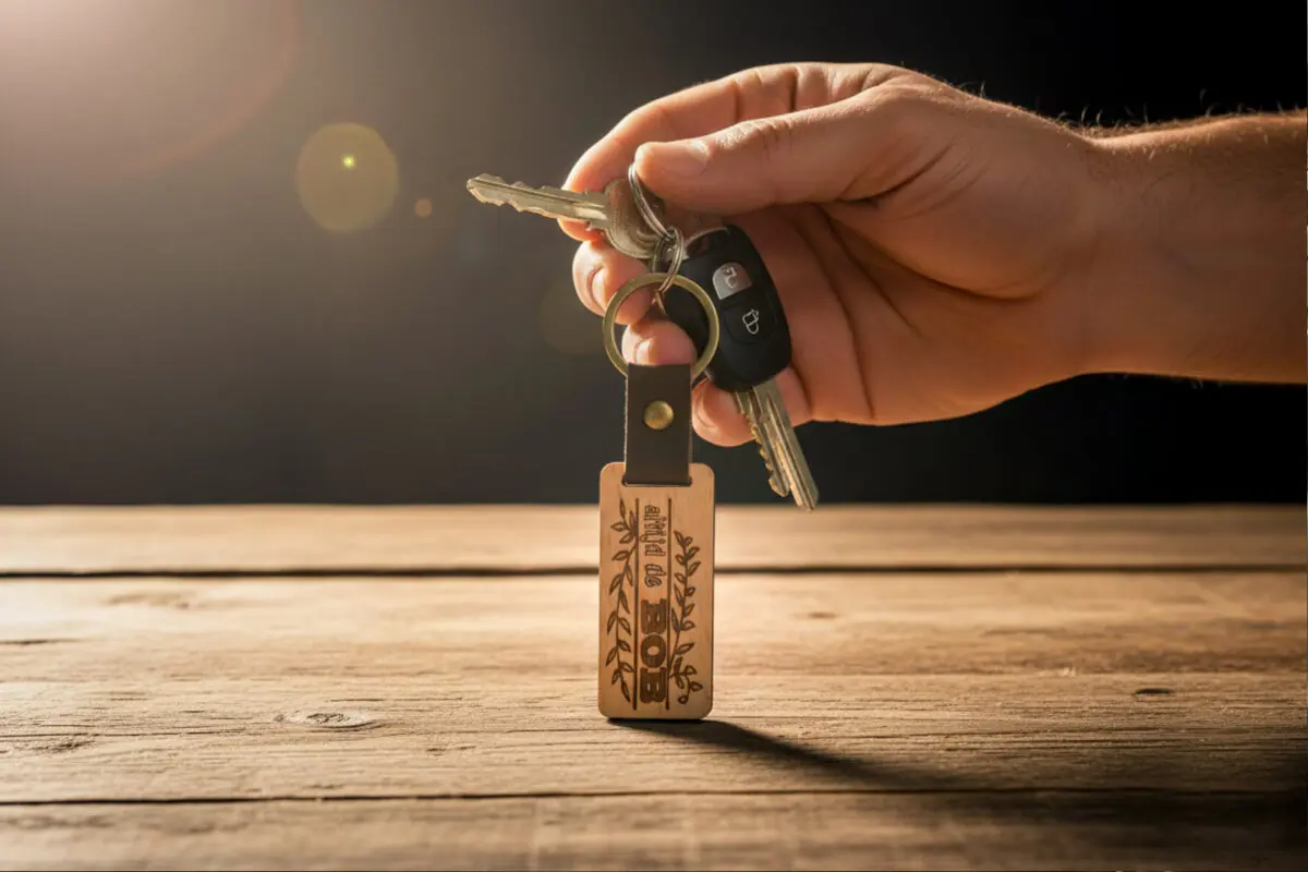 Houten auto sleutelhanger met gegraveerde tekst en illustratie – ambachtelijk gemaakt door De Meesterbrander
