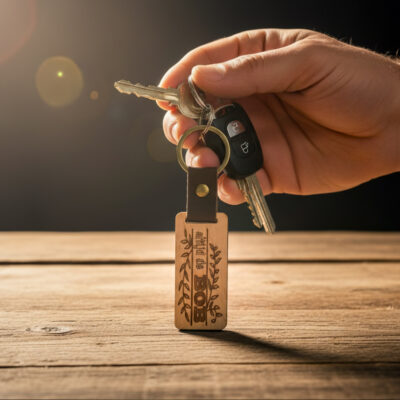 Houten sleutelhanger met gravure – De Meesterbrander Houten auto sleutelhanger met gegraveerde tekst en illustratie – ambachtelijk gemaakt door De Meesterbrander