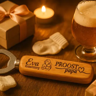 De Meesterbrander houten flesopeners met gravure, overzicht van 10 varianten met grappige teksten, houten bieropener als cadeau of relatiegeschenk, personaliseerbaar met tekst of logo.