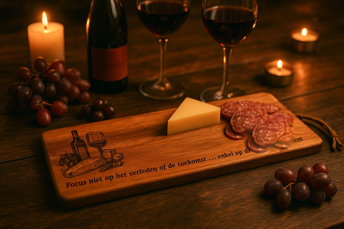 Geniet van dit borrelmoment sfeer De Meesterbrander houten borrelplank met gravure “Focus niet op het verleden of de toekomst … enkel op dit borrelmoment”, serveerplank hout cadeau.