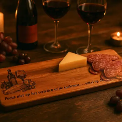 De Meesterbrander houten borrelplank met gravure “Focus niet op het verleden of de toekomst … enkel op dit borrelmoment”, serveerplank hout cadeau.