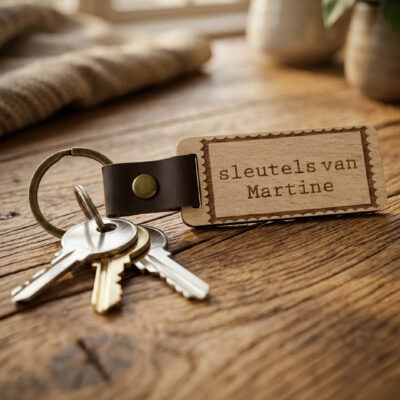 Stoere houten sleutelhanger met persoonlijke gravure. Perfect als cadeau of voor je eigen sleutelbos. Handgemaakt op de Veluwe door De Meesterbrander.
