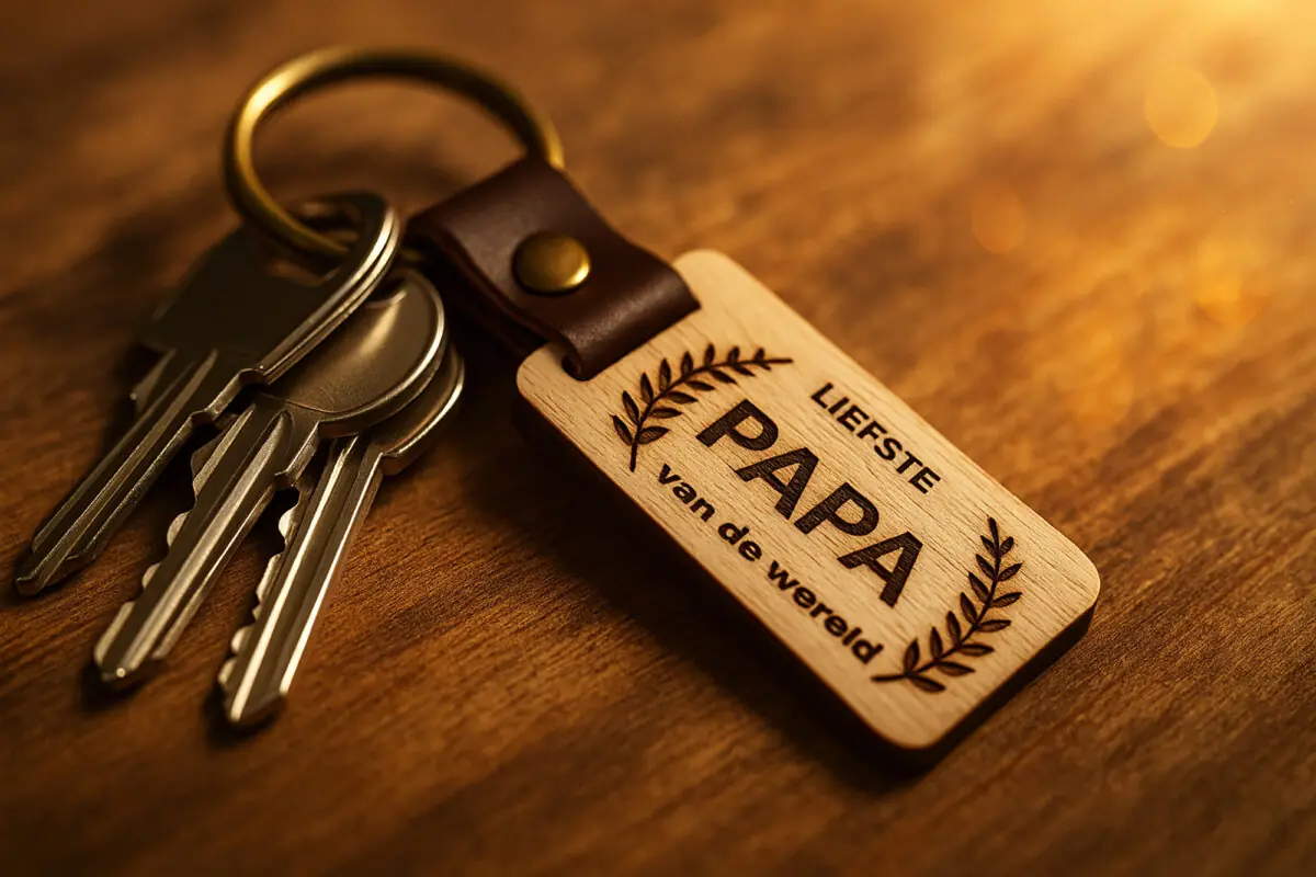 Houten sleutelhanger cadeau voor papa – stoer en gegraveerd