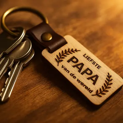Houten sleutelhanger cadeau voor papa – stoer en gegraveerd