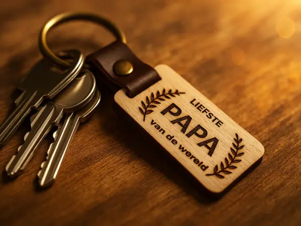 Houten sleutelhanger cadeau voor papa – stoer en gegraveerd