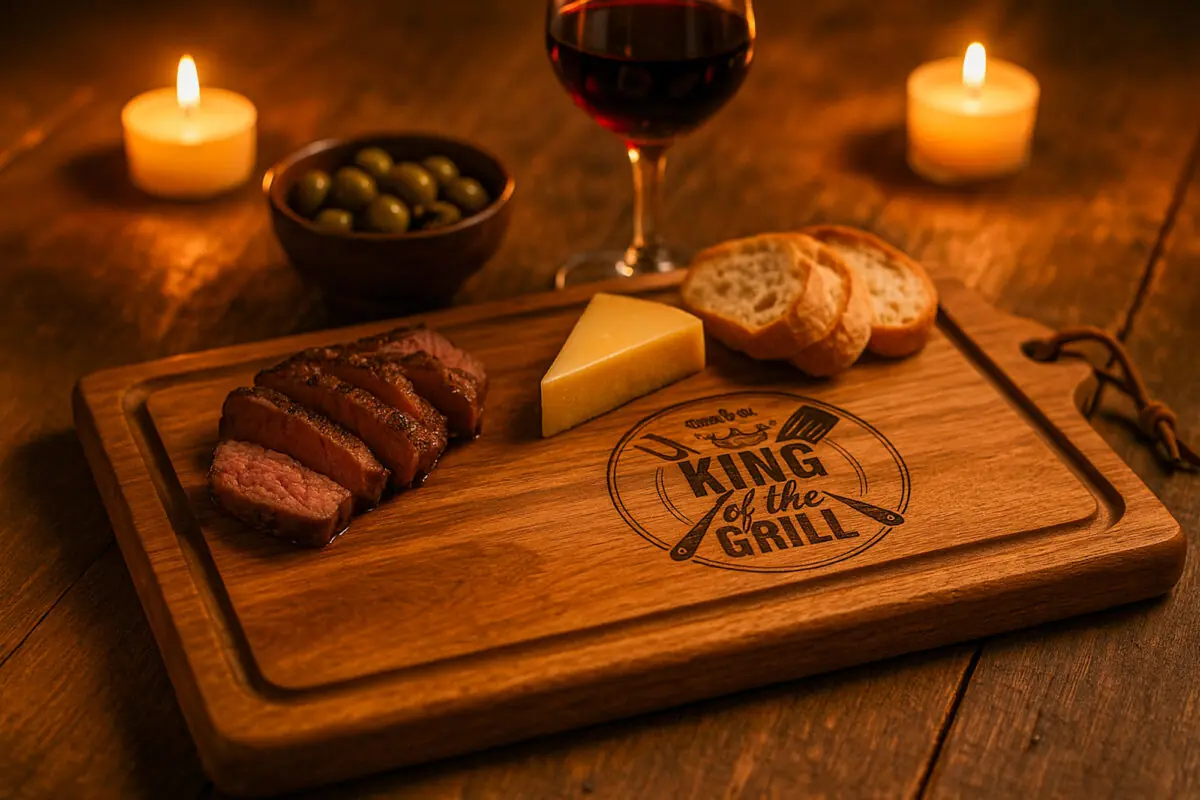 houten snijplank met gravure real men play with fire, BBQ serveerplank hout 33x23 cm, cadeau voor grillmaster of barbecue liefhebber