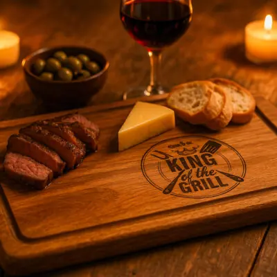 houten snijplank met gravure real men play with fire, BBQ serveerplank hout 33x23 cm, cadeau voor grillmaster of barbecue liefhebber