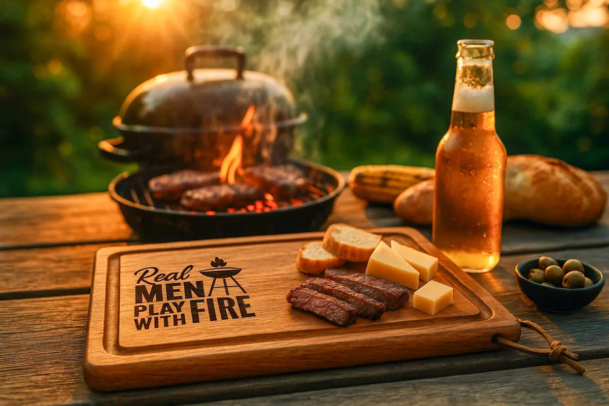 houten snijplank met gravure real men play with fire, BBQ serveerplank hout 33x23 cm, cadeau voor grillmaster of barbecue liefhebber
