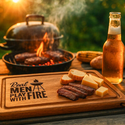 De Meesterbrander – Houten Snijplank “Real Men Play with Fire” – 33x23 cm houten snijplank met gravure real men play with fire, BBQ serveerplank hout 33x23 cm, cadeau voor grillmaster of barbecue liefhebber