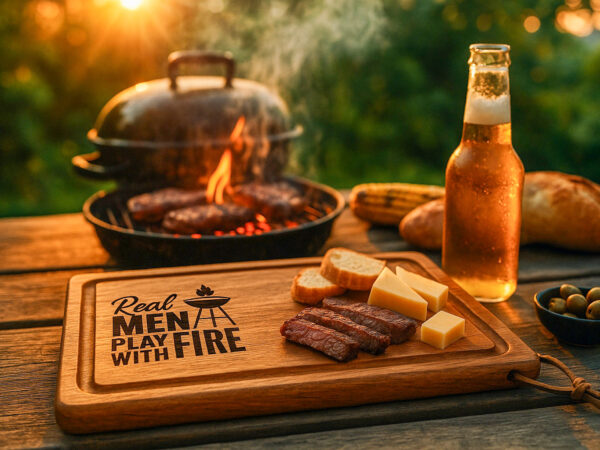 De Meesterbrander – Houten Snijplank “Real Men Play with Fire” – 33x23 cm houten snijplank met gravure real men play with fire, BBQ serveerplank hout 33x23 cm, cadeau voor grillmaster of barbecue liefhebber