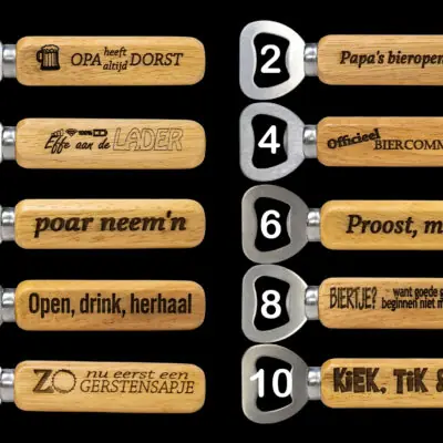 De Meesterbrander houten flesopeners met gravure, overzicht van 10 varianten met grappige teksten, houten bieropener als cadeau of relatiegeschenk, personaliseerbaar met tekst of logo.