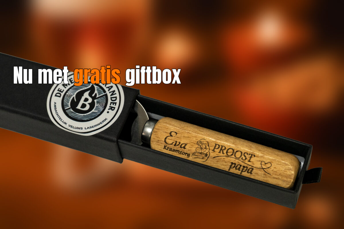 giftbox gratis Officieel Houten flessenopener met gravure en gratis Meesterbrander giftbox