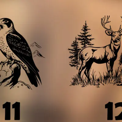 Acacia Decoratieplank Veluwe Wildlife Edition met lasergravure van een Veluws dier. Sfeervolle foto met warme avondgloed en natuurlijke decoratie.