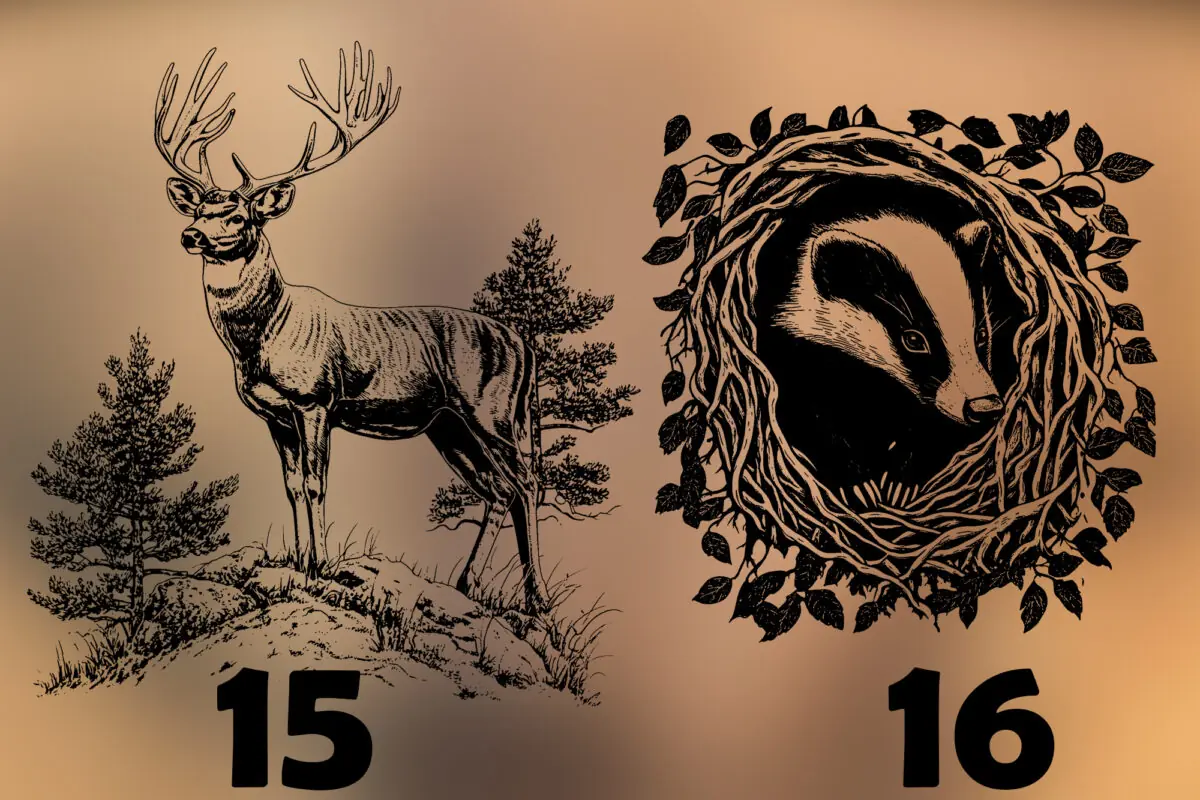 Acacia Decoratieplank Veluwe Wildlife Edition met lasergravure van een Veluws dier. Sfeervolle foto met warme avondgloed en natuurlijke decoratie.