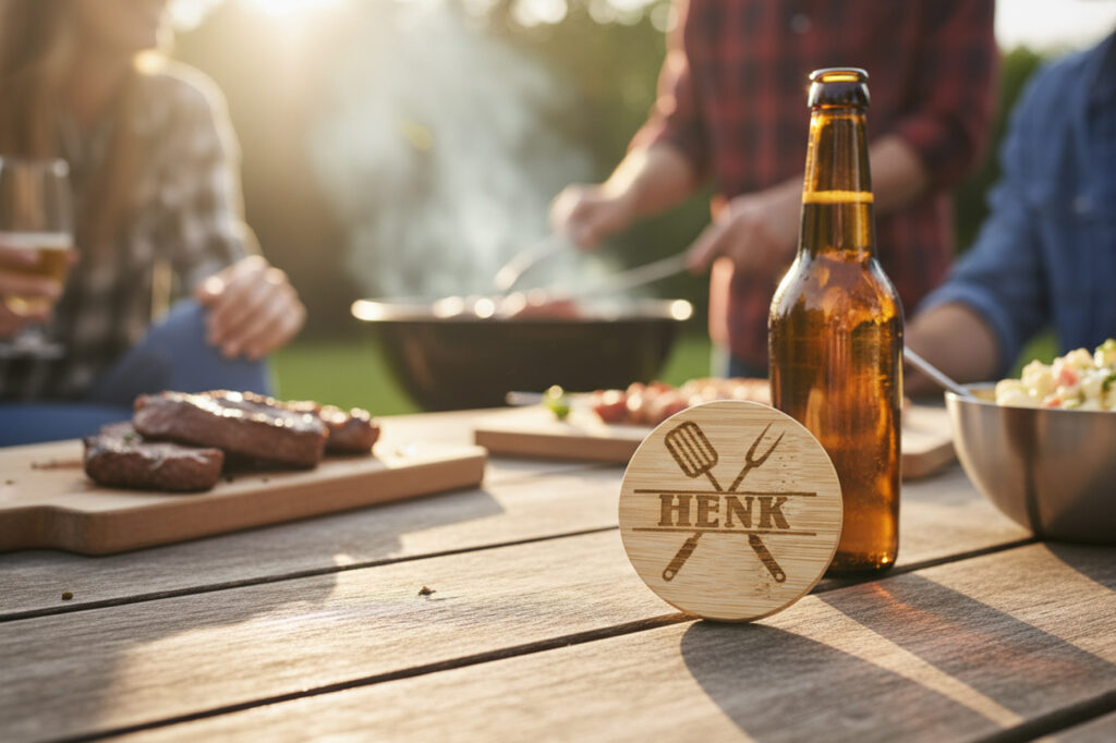Ronde houten bieropener met gegraveerde tekst, gemaakt van bamboe met metalen onderzijde. Ambachtelijk gegraveerd door De Meesterbrander.