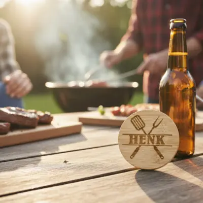 Ronde houten bieropener met gegraveerde tekst, gemaakt van bamboe met metalen onderzijde. Ambachtelijk gegraveerd door De Meesterbrander.