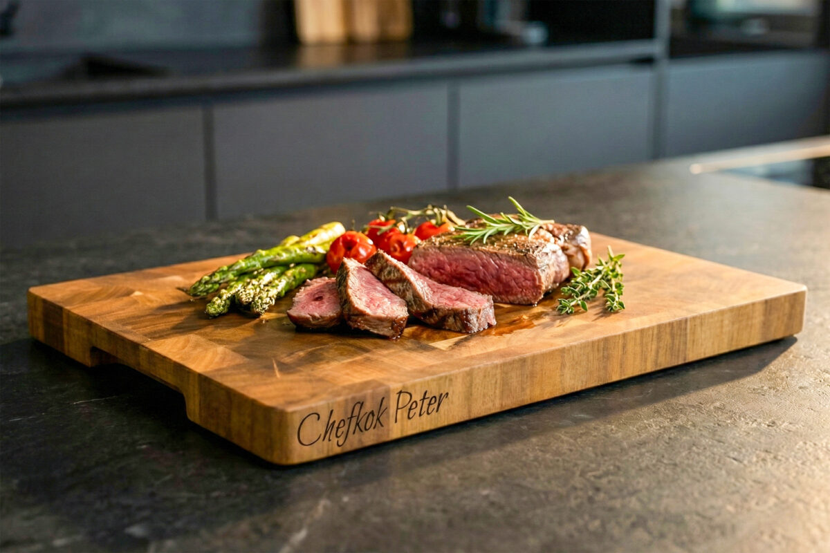 Luxe end-grain snijplank van acaciahout in De Brandmeester-stijl. Ambachtelijk handgemaakt, duurzaam, met subtiele zijgravure en verzonken handgreep End-grain snijplank van acaciahout met handgreep. Warme houtnerf, ambachtelijke afwerking, subtiele zijgravure – gefotografeerd in Meesterbrander-stijl.