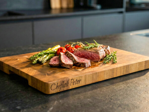 End-grain snijplank van acaciahout met handgreep. Warme houtnerf, ambachtelijke afwerking, subtiele zijgravure – gefotografeerd in Meesterbrander-stijl.