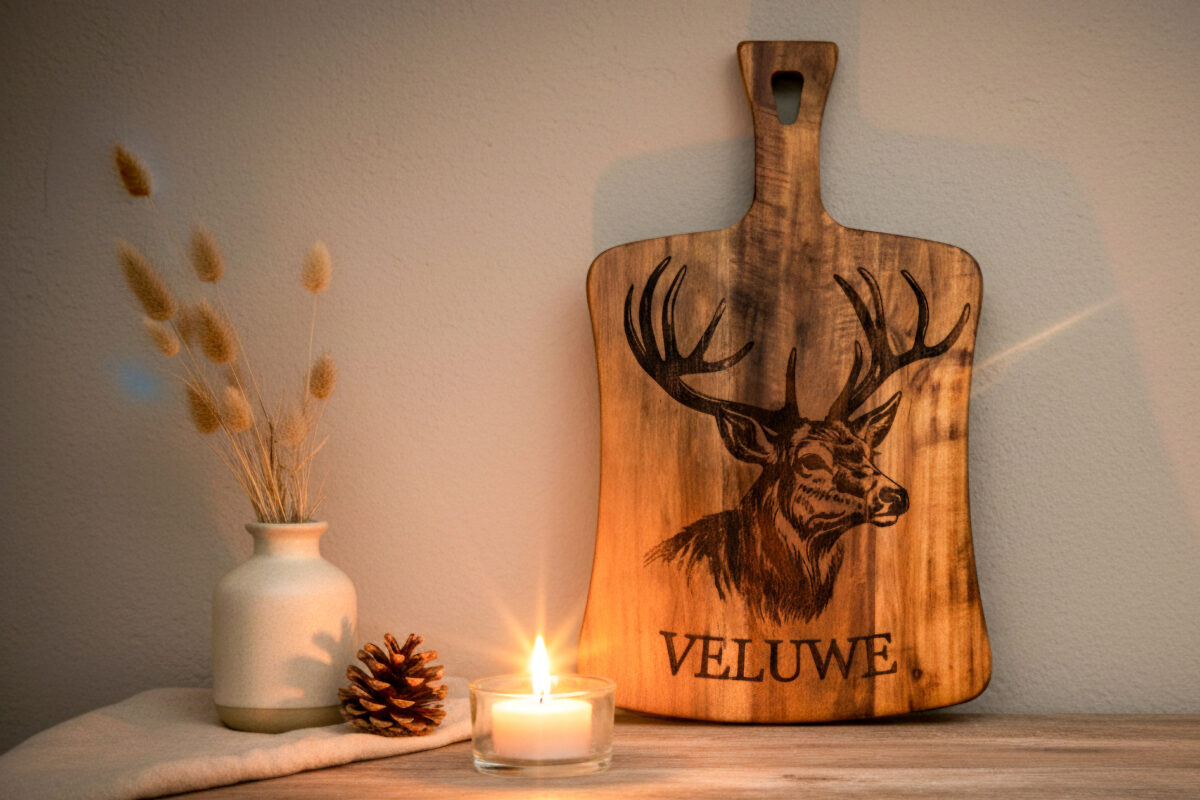 Decoratieplank Veluwe Wildlife โ Acacia Hout met Wildgravure (Edelhert, Zwijn, Vos, Ree) โ 36x22cm De Brandmeester Decoratieplank ยท Veluwe Wildlife Edition