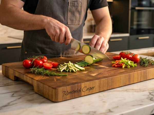 Luxe end-grain snijplank van acaciahout in De Brandmeester-stijl. Ambachtelijk handgemaakt, duurzaam, met subtiele zijgravure en verzonken handgreep End-grain snijplank van acaciahout met handgreep. Warme houtnerf, ambachtelijke afwerking, subtiele zijgravure – gefotografeerd in Meesterbrander-stijl.
