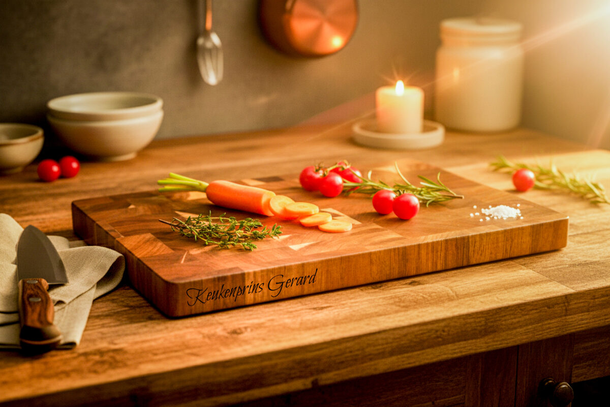 Luxe end-grain snijplank van acaciahout in De Brandmeester-stijl. Ambachtelijk handgemaakt, duurzaam, met subtiele zijgravure en verzonken handgreep End-grain snijplank van acaciahout met handgreep. Warme houtnerf, ambachtelijke afwerking, subtiele zijgravure – gefotografeerd in Meesterbrander-stijl.