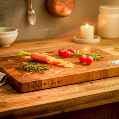 Luxe end-grain snijplank van acaciahout in De Brandmeester-stijl. Ambachtelijk handgemaakt, duurzaam, met subtiele zijgravure en verzonken handgreep End-grain snijplank van acaciahout met handgreep. Warme houtnerf, ambachtelijke afwerking, subtiele zijgravure – gefotografeerd in Meesterbrander-stijl.