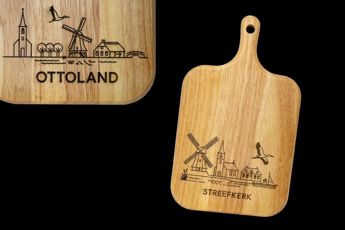 Skyline Serveerplank Streefkerk – Massief Eiken met Lasergravure Eikenhouten serveerplank met gegraveerde skyline , l
