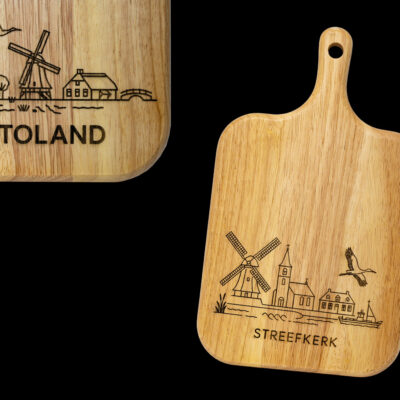 Skyline Serveerplank Streefkerk – Massief Eiken met Lasergravure Eikenhouten serveerplank met gegraveerde skyline , l