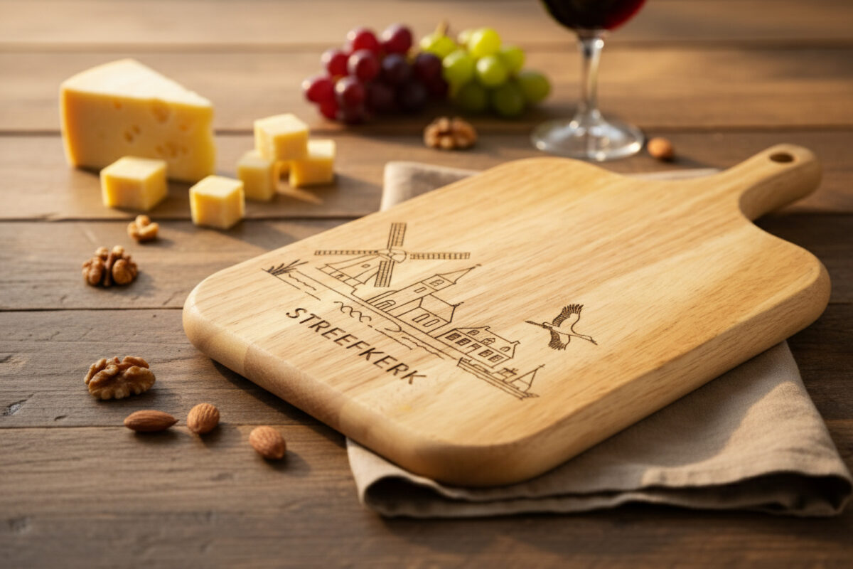 Skyline Serveerplank Streefkerk – Massief Eiken met Lasergravure Eikenhouten serveerplank met gegraveerde skyline , liggend op een houten tafel met kaas, noten en een glas rode wijn.