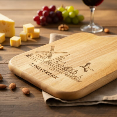 Skyline Serveerplank Streefkerk – Massief Eiken met Lasergravure Eikenhouten serveerplank met gegraveerde skyline , liggend op een houten tafel met kaas, noten en een glas rode wijn.