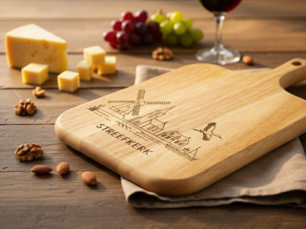 Skyline Serveerplank Streefkerk – Massief Eiken met Lasergravure Eikenhouten serveerplank met gegraveerde skyline , liggend op een houten tafel met kaas, noten en een glas rode wijn.