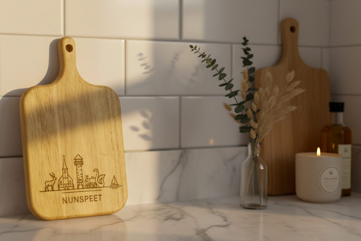 Skyline Serveerplank Nunspeet – Massief Eiken met Lasergravure Eikenhouten serveerplank met gegraveerde skyline , liggend op een houten tafel met kaas, noten en een glas rode wijn.