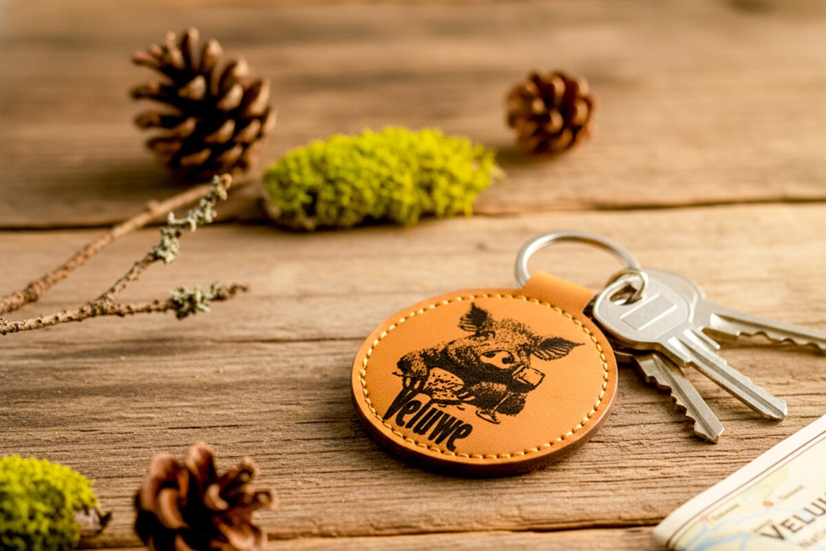 Leren Sleutelhanger – Veluwe Wild Zwijn Gravure Ronde leren sleutelhangers van De Meesterbrander met gegraveerde teksten en afbeeldingen. Diameter 6 cm, met muntvakje aan de achterkant. Personalisatie mogelijk – perfect als cadeau of souvenir.