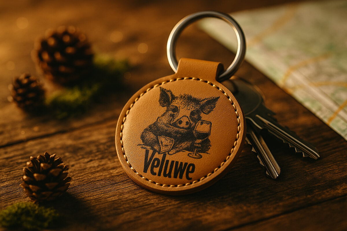 Leren Sleutelhanger – Veluwe Wild Zwijn Gravure Ronde leren sleutelhangers van De Meesterbrander met gegraveerde teksten en afbeeldingen. Diameter 6 cm, met muntvakje aan de achterkant. Personalisatie mogelijk – perfect als cadeau of souvenir.
