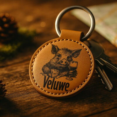 Leren Sleutelhanger – Veluwe Wild Zwijn Gravure Ronde leren sleutelhangers van De Meesterbrander met gegraveerde teksten en afbeeldingen. Diameter 6 cm, met muntvakje aan de achterkant. Personalisatie mogelijk – perfect als cadeau of souvenir.