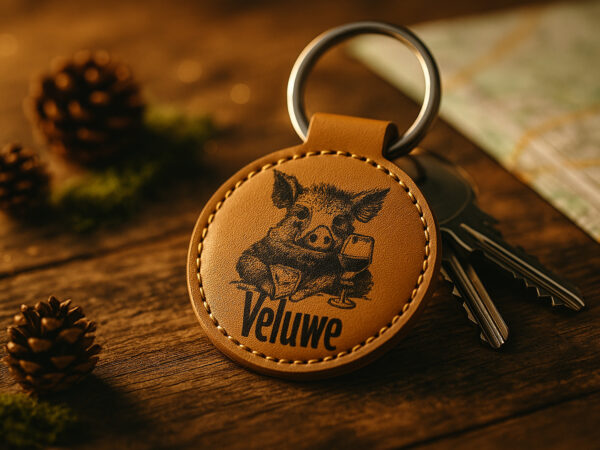 Leren Sleutelhanger – Veluwe Wild Zwijn Gravure Ronde leren sleutelhangers van De Meesterbrander met gegraveerde teksten en afbeeldingen. Diameter 6 cm, met muntvakje aan de achterkant. Personalisatie mogelijk – perfect als cadeau of souvenir.