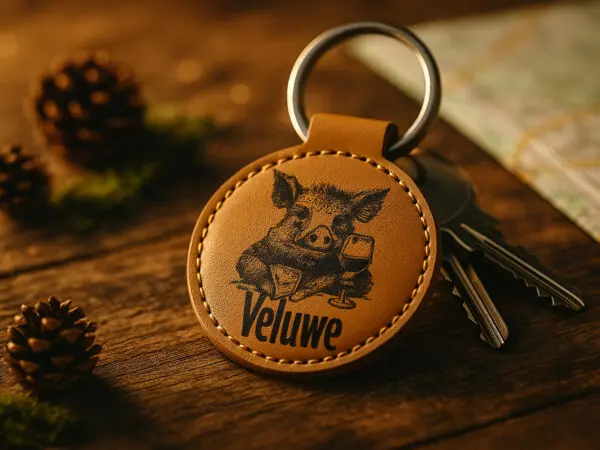Ronde leren sleutelhangers van De Meesterbrander met gegraveerde teksten en afbeeldingen. Diameter 6 cm, met muntvakje aan de achterkant. Personalisatie mogelijk – perfect als cadeau of souvenir.
