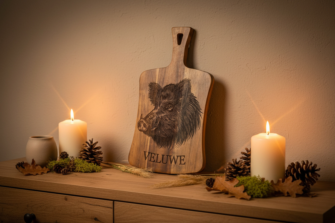 Decoratieplank Veluwe Wildlife โ Acacia Hout met Wildgravure (Edelhert, Zwijn, Vos, Ree) โ 36x22cm De Brandmeester Decoratieplank ยท Veluwe Wildlife Edition