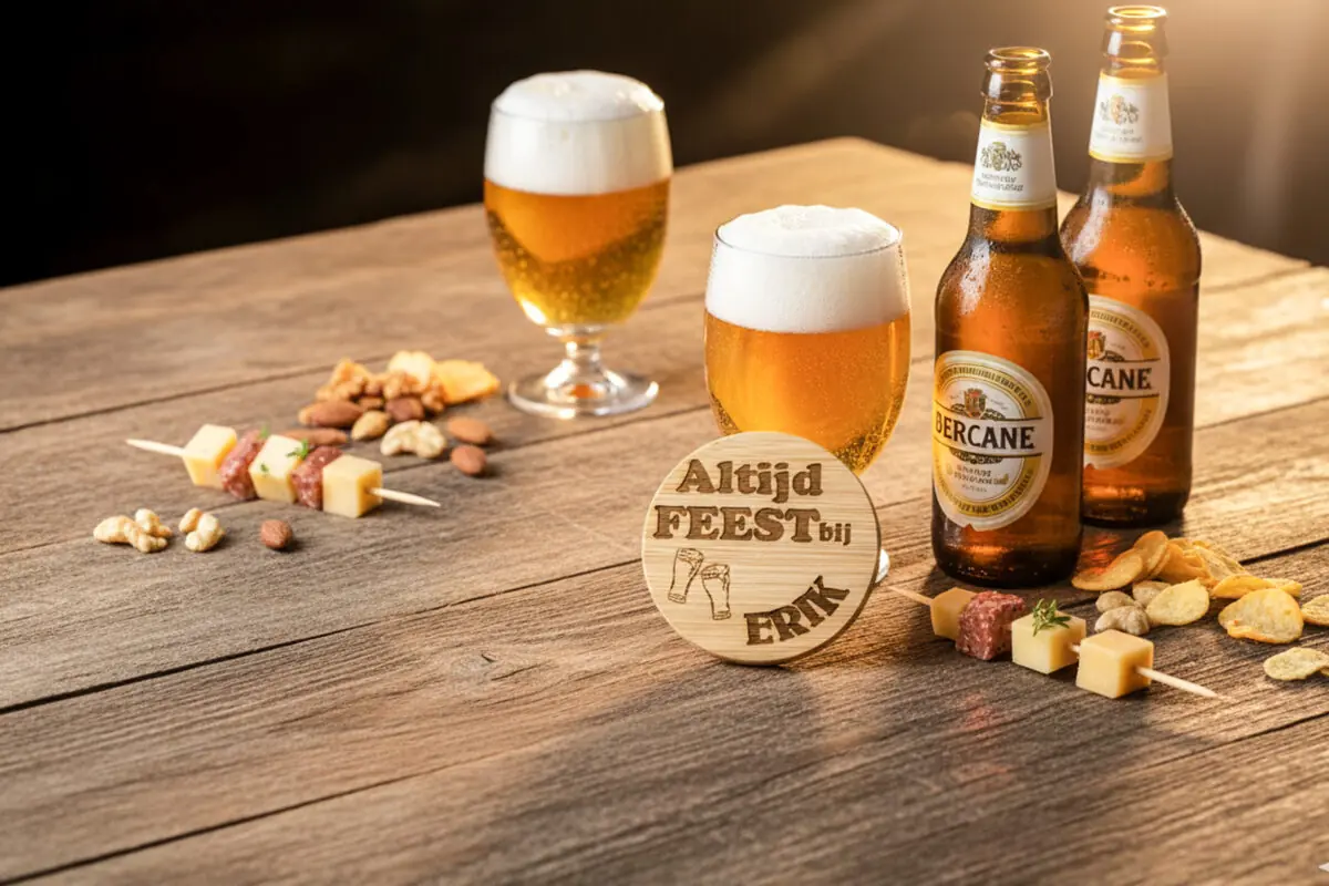 Ronde houten bieropener met gegraveerde tekst, gemaakt van bamboe met metalen onderzijde. Ambachtelijk gegraveerd door De Meesterbrander.