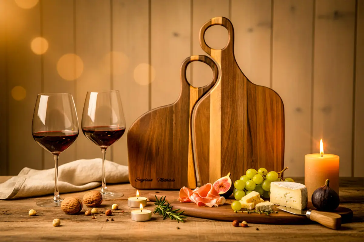 Duo walnoothouten planken set (klein & groot) met gepersonaliseerde gravure. Twee perfect aansluitende planken, warm verlicht in De Brandmeester-stijl.
