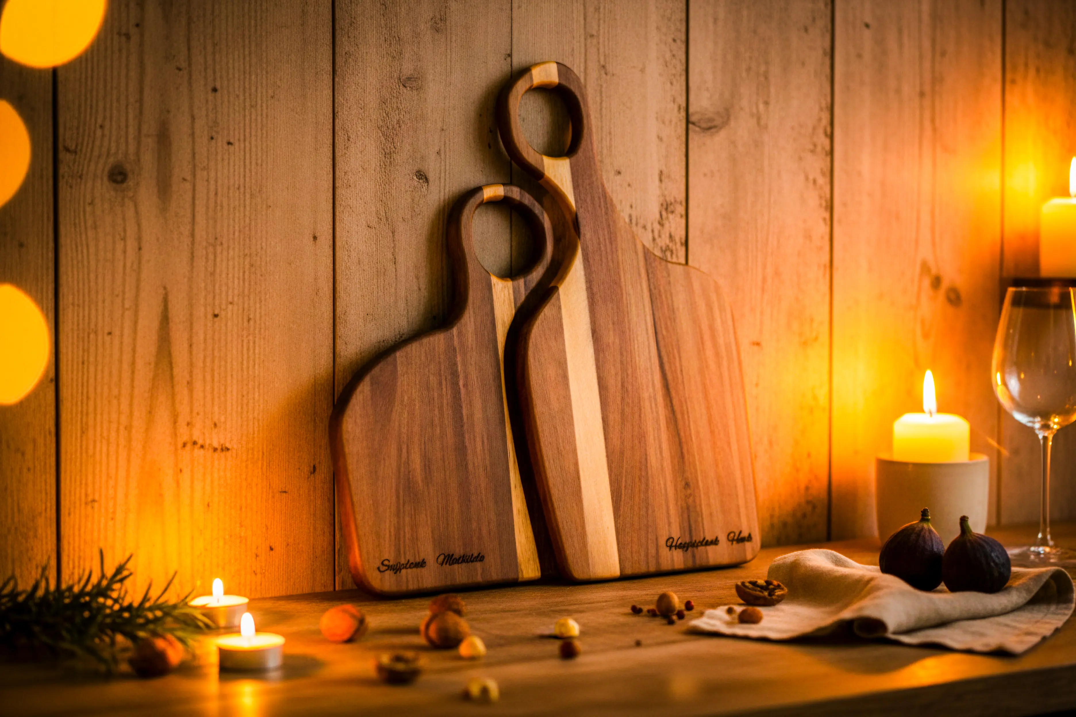Duo walnoothouten planken set (klein & groot) met gepersonaliseerde gravure. Twee perfect aansluitende planken, warm verlicht in De Brandmeester-stijl.