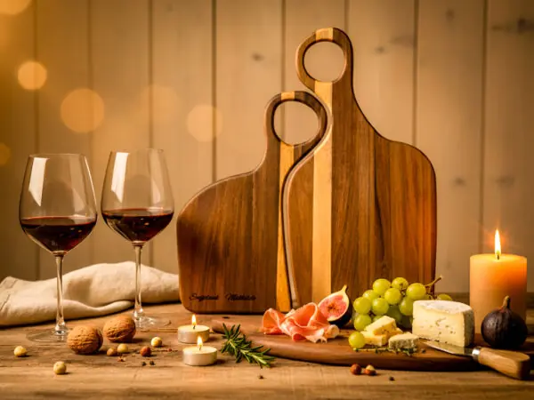 Duo walnoothouten planken set (klein & groot) met gepersonaliseerde gravure. Twee perfect aansluitende planken, warm verlicht in De Brandmeester-stijl.