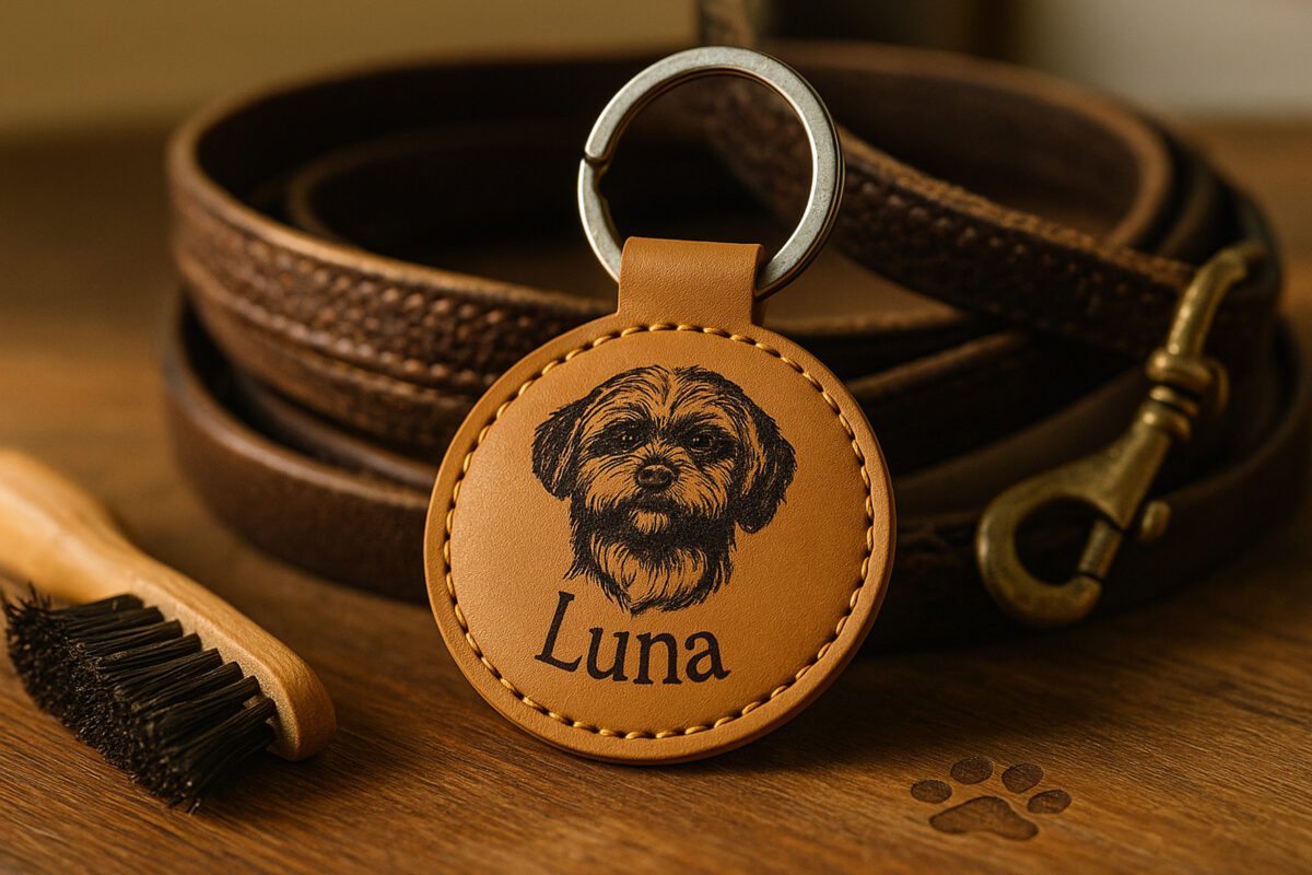 Leren Sleutelhanger – Hond Luna Gravure Ronde leren sleutelhangers van De Meesterbrander met gegraveerde teksten en afbeeldingen. Diameter 6 cm, met muntvakje aan de achterkant. Personalisatie mogelijk – perfect als cadeau of souvenir.
